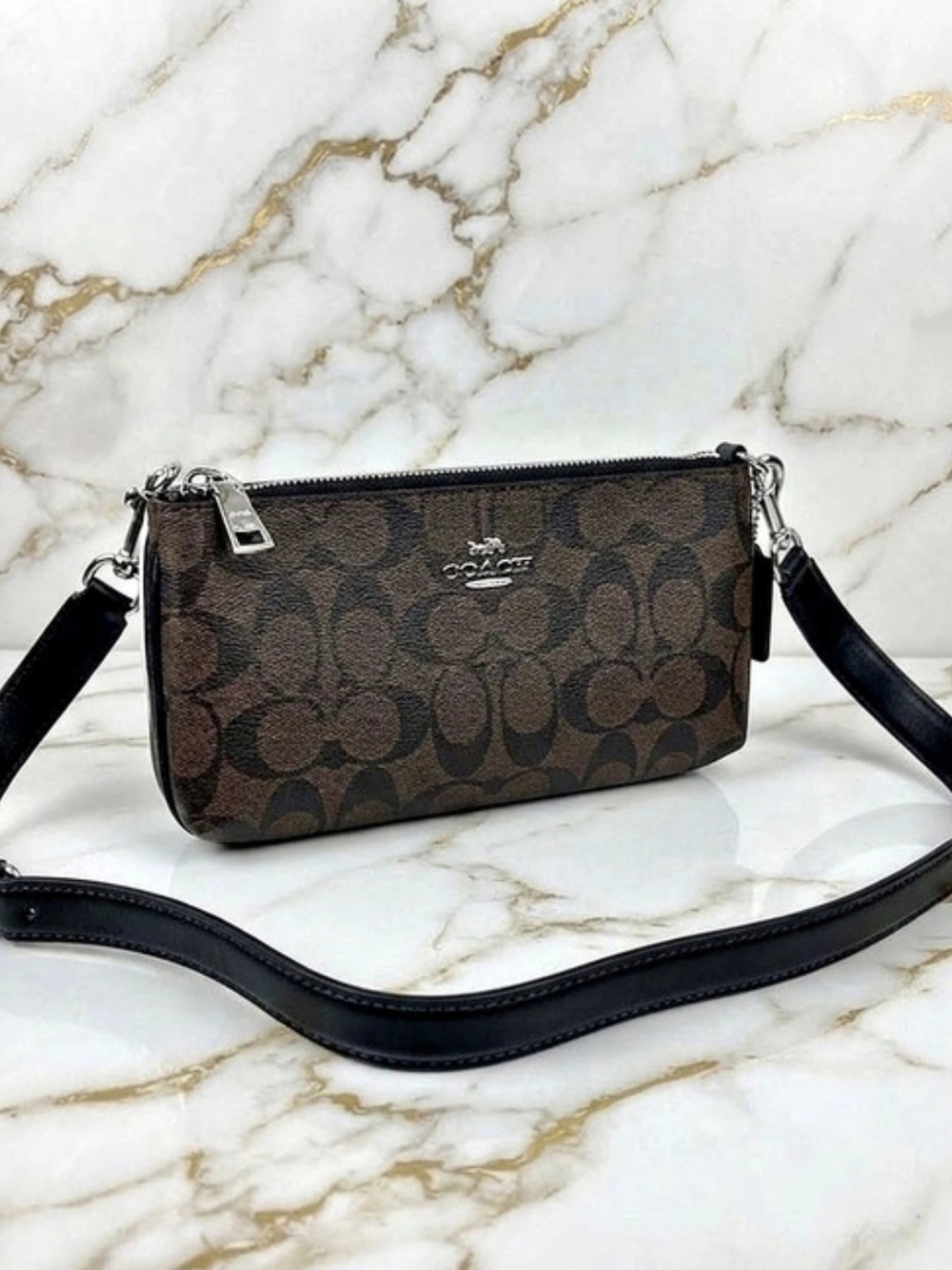 Coach Double Zip Crossbody Bag In Signature Canvas Brown & Black